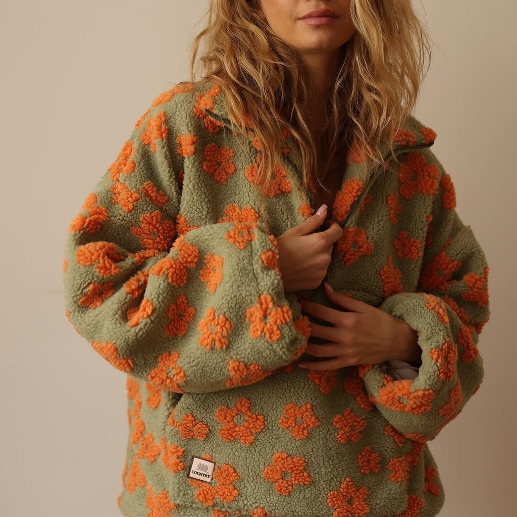 Oversized Floral Teddy Fleece Jacket with Half Zip
