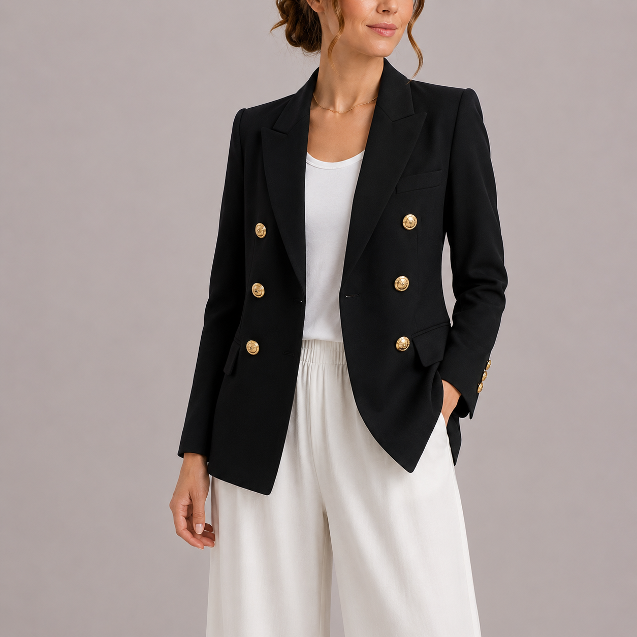 Women's Elegant Double-Breasted Blazer with Gold Buttons – Timeless Tailored Jacket