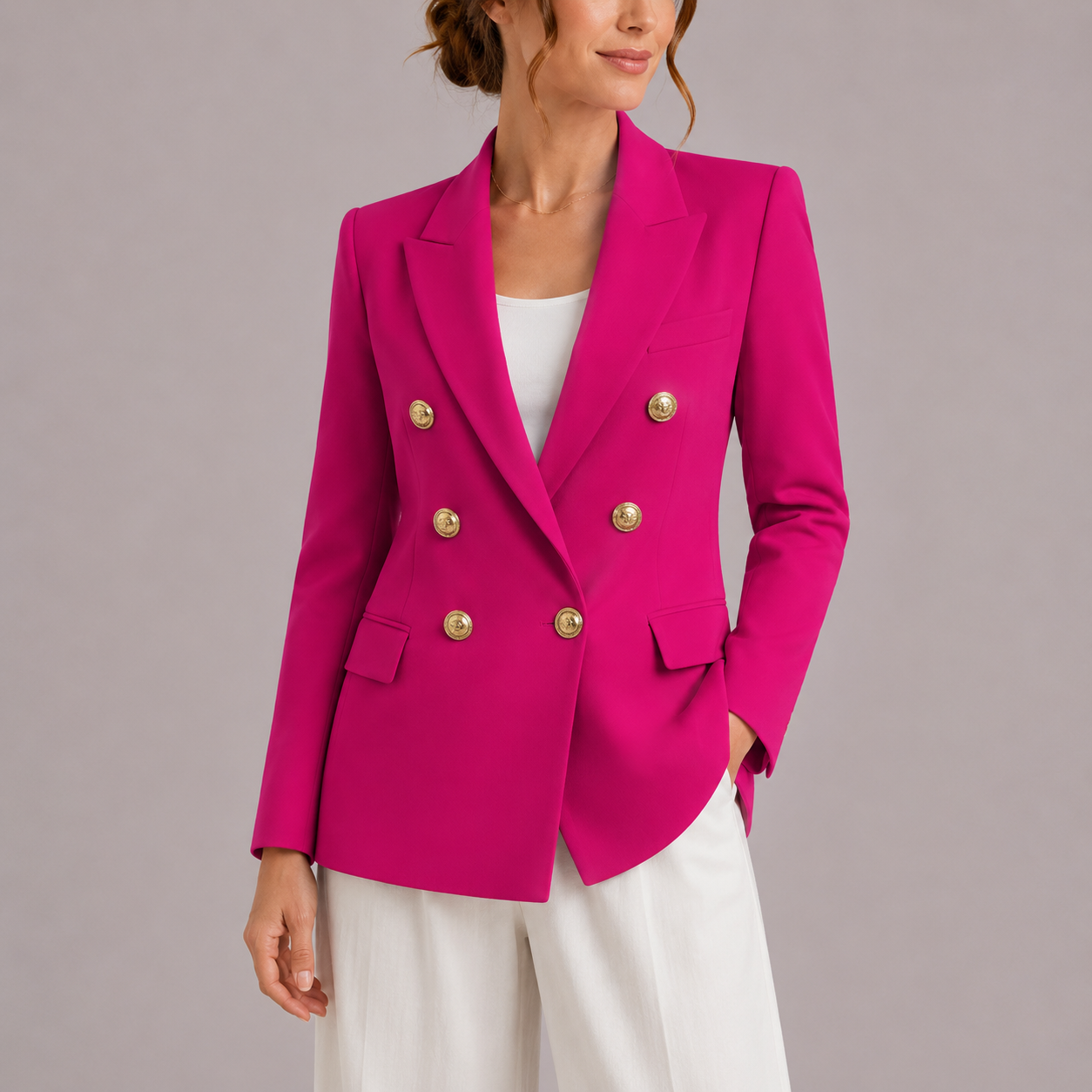 Women's Elegant Double-Breasted Blazer with Gold Buttons – Timeless Tailored Jacket