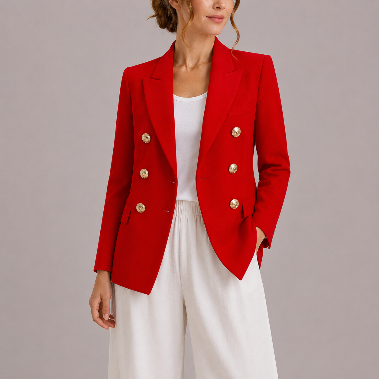 Women's Elegant Double-Breasted Blazer with Gold Buttons – Timeless Tailored Jacket