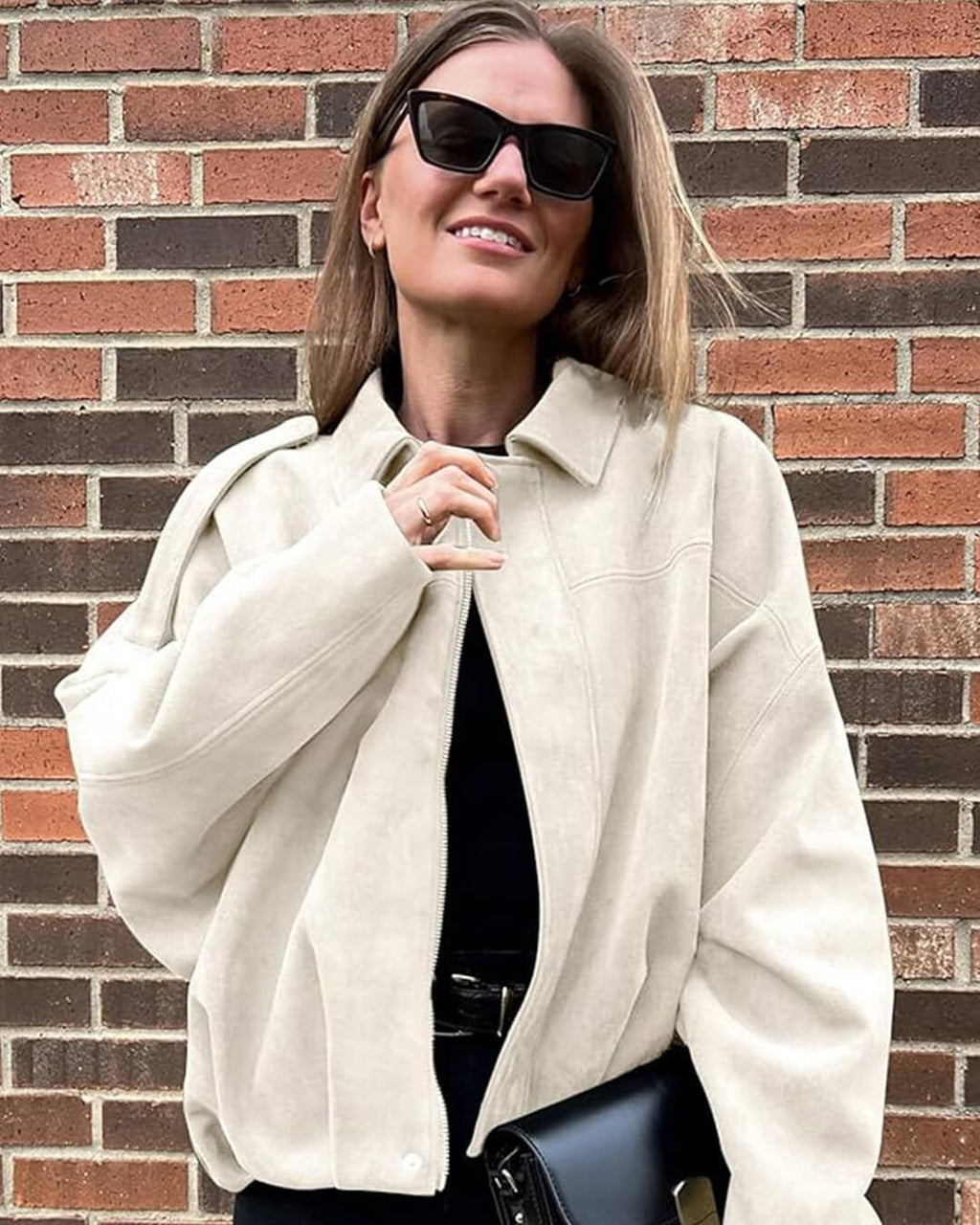 Faux Suede Collared Bomber Jacket for Women