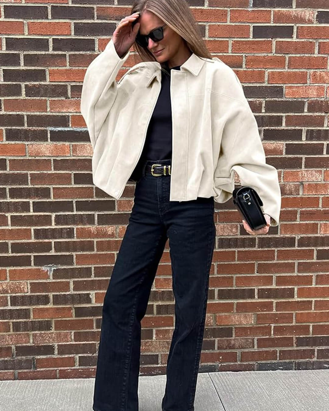 Faux Suede Collared Bomber Jacket for Women