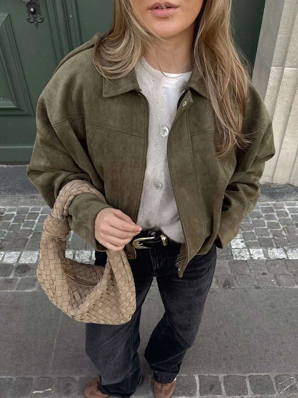 Faux Suede Collared Bomber Jacket for Women