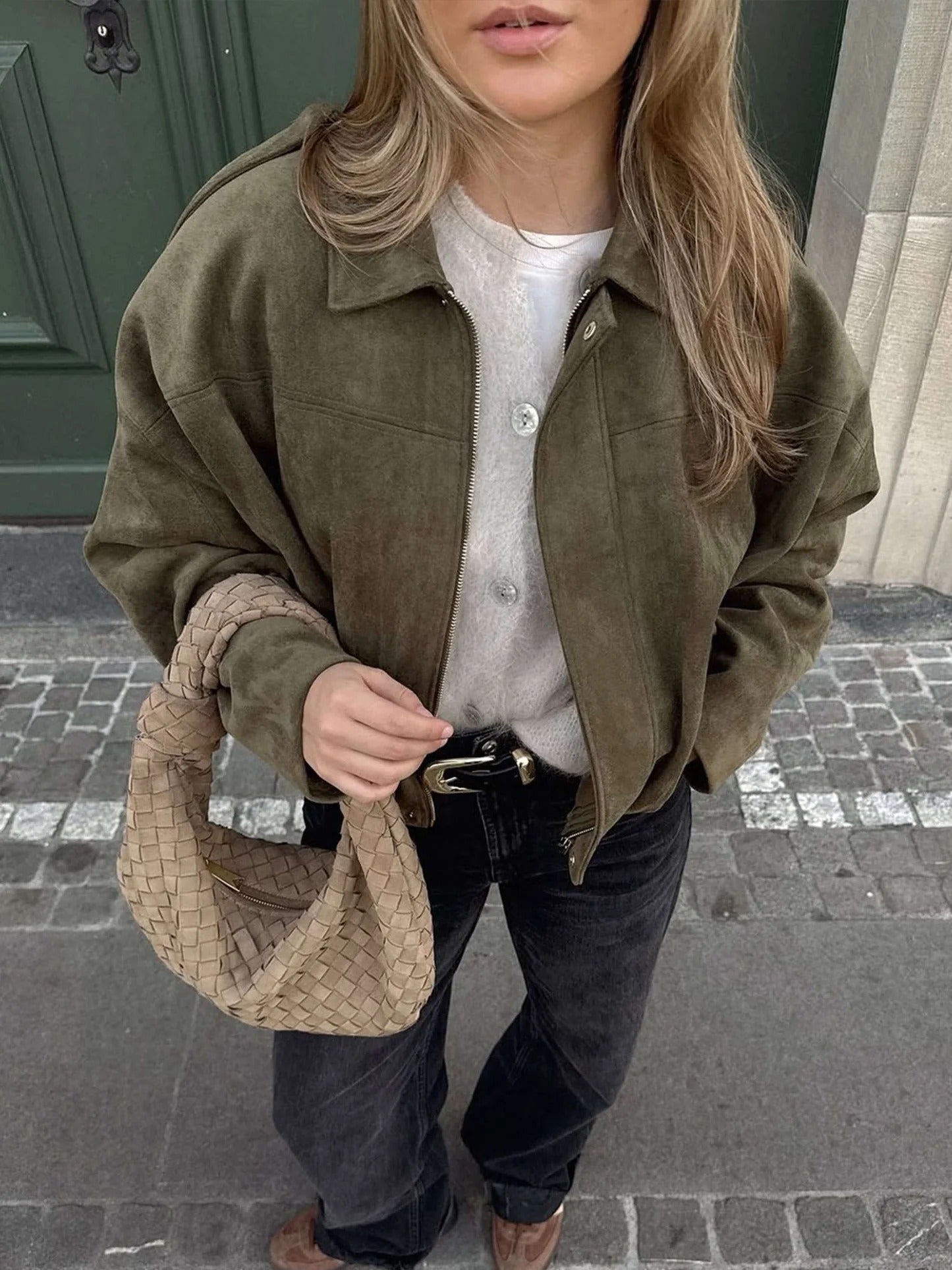 Faux Suede Collared Bomber Jacket for Women