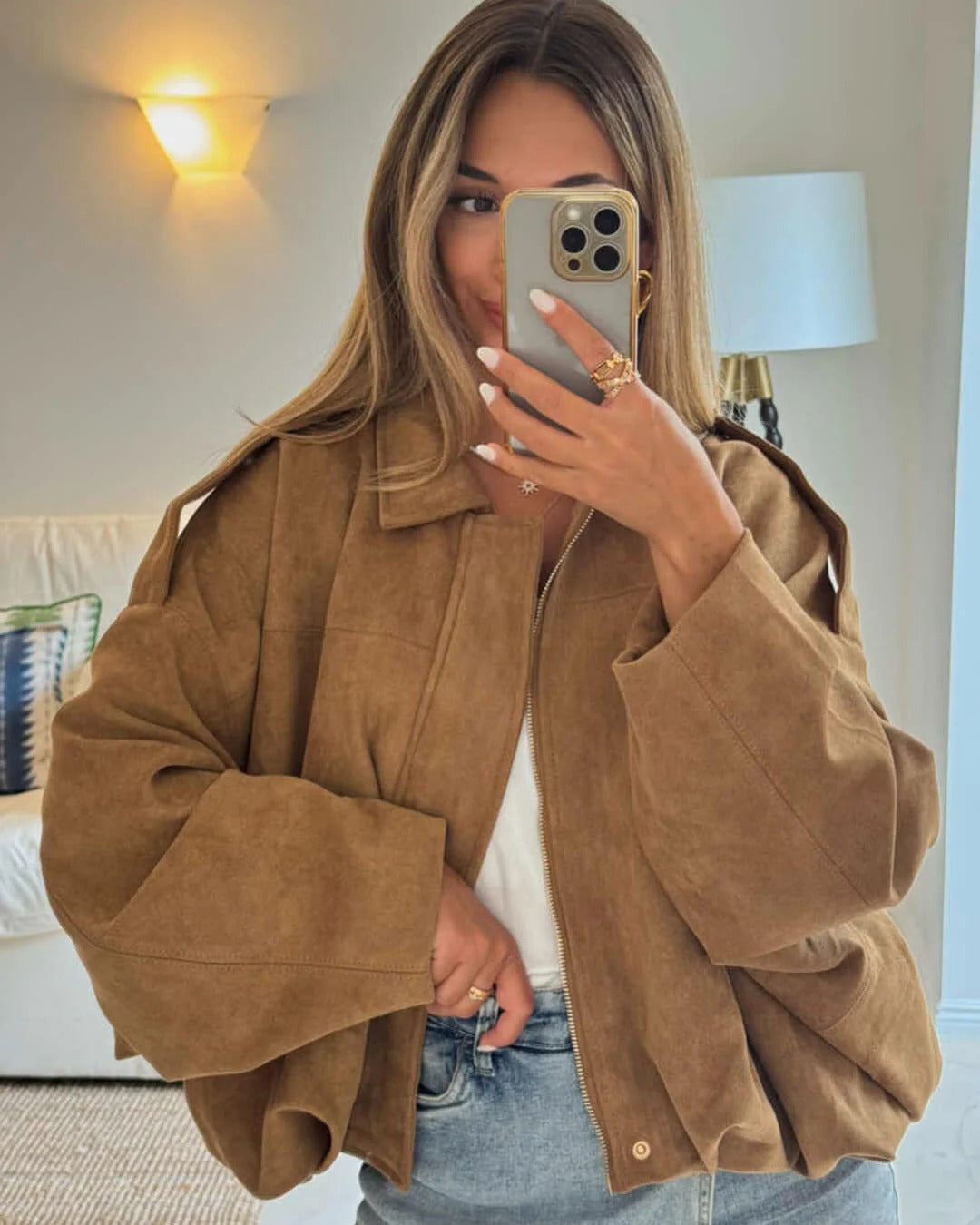 Faux Suede Collared Bomber Jacket for Women