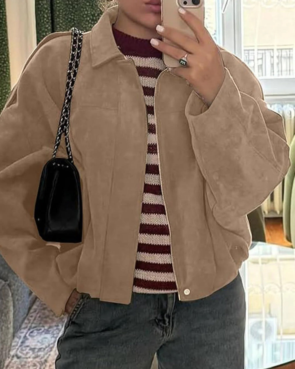 Faux Suede Collared Bomber Jacket for Women