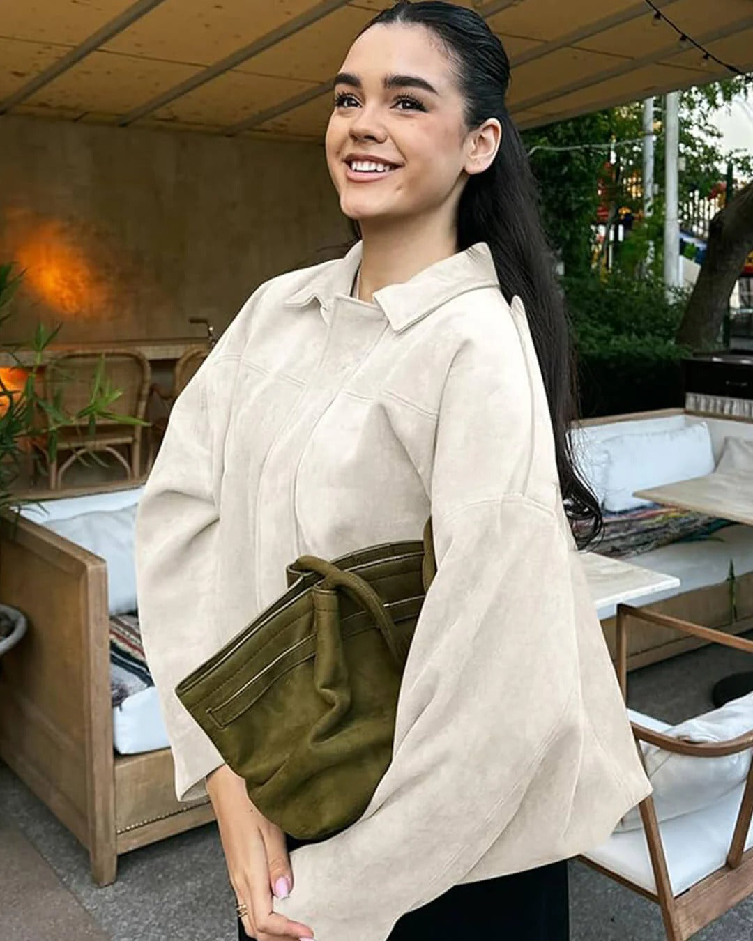 Faux Suede Collared Bomber Jacket for Women
